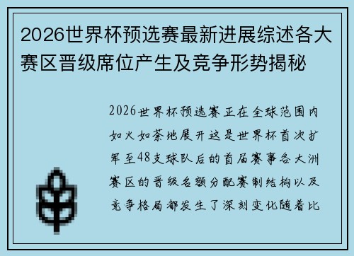 2026世界杯预选赛最新进展综述各大赛区晋级席位产生及竞争形势揭秘