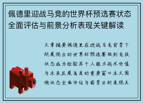 佩德里迎战马竞的世界杯预选赛状态全面评估与前景分析表现关键解读