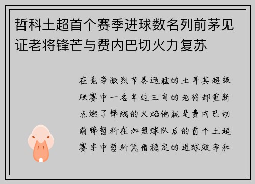 哲科土超首个赛季进球数名列前茅见证老将锋芒与费内巴切火力复苏 哲科土超首个赛季进球数名列前茅见证老将锋芒与费内巴切火力复苏